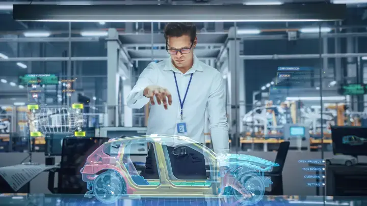 Sustainable Industrial Design: Modern automotive engineer utilizing augmented reality for creating a 3D hologram model of a high-tech electric car in an automated vehicle manufacturing facility.