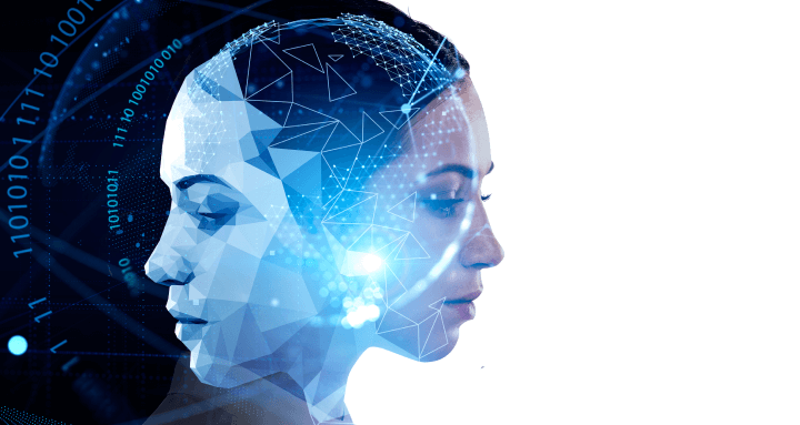 A professional and captivating woman with a robotic visage is depicted against a plain white backdrop. The image showcases a digital interface displaying binary code, while a head featuring a virtual globe takes prominence in the foreground.