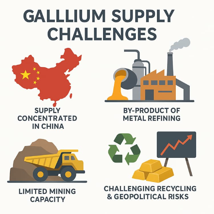 Infographic illustrating gallium supply sources, reliance on China, and recycling challenges for semiconductor demand