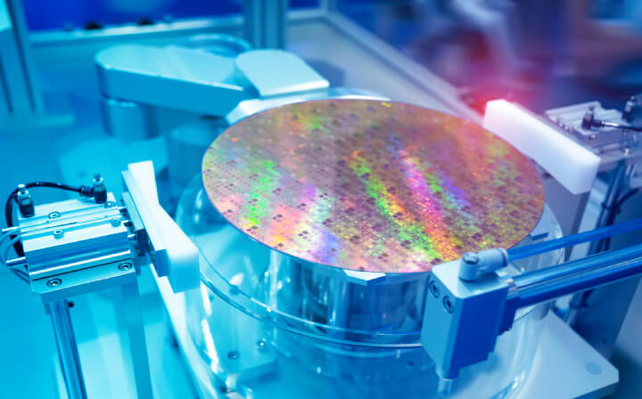 Silicon wafers and intricate microcircuits monitored and managed by an advanced automation system control application.