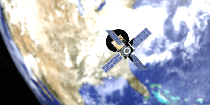 A 3D illustration of a microsatellite named CUBESAT, with a NASA-provided Earth map. Available for free use.