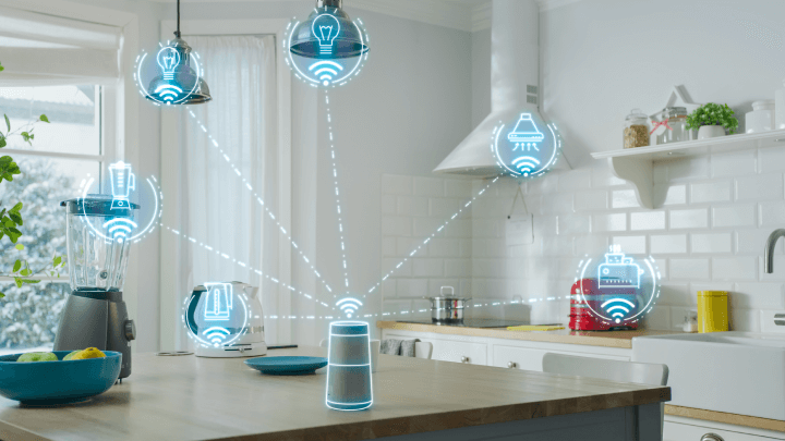 Modern kitchen equipped with high-tech IoT appliances, displaying infographics with various data and information. A visualization of digitalized home electronics devices.
