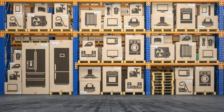Cardboard boxes filled with household appliances and electronics on warehouse shelves, illustrating the concept of online shopping and delivery. 3D illustration.