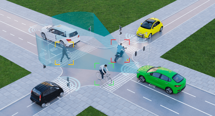 Image of a 3D rendering depicting autonomous electric vehicles utilizing artificial intelligence for self-driving on a metropolitan road.