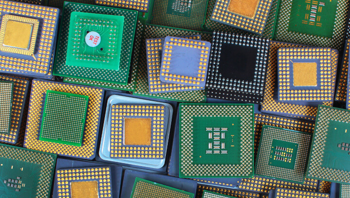 Numerous outdated and historical CPU chips and obsolete computer processors.