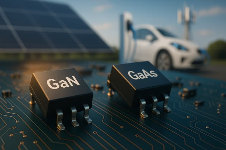 Close-up of GaN and GaAs semiconductor devices on a circuit board with blurred 5G tower, solar panel, and electric vehicle charger in background