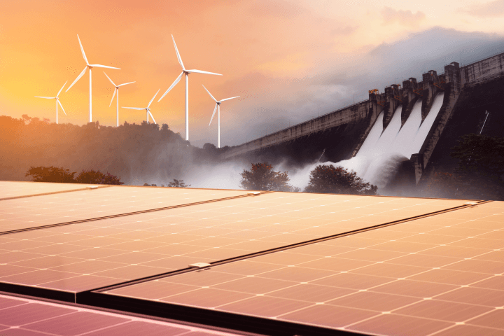 Image of green technology representing environmentally-friendly renewable energy concept, featuring solar panels, dams, and wind turbines generating electricity.