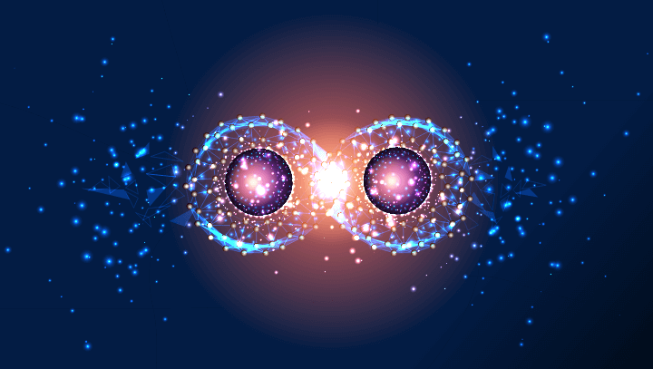 Glowing geometric representation of an infinite loop intertwined with atomic coherence models, symbolising the concept of quantum entanglement in future physics and science.