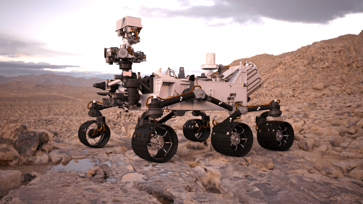Autonomous Robotic Mars Rover exploring a deserted planet featuring water bodies and cloud formations, depicted in a 3D illustration.