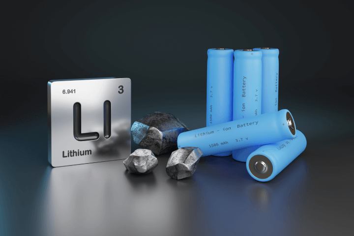 
3D illustration of lithium-ion batteries, metallic lithium, and the element symbol.