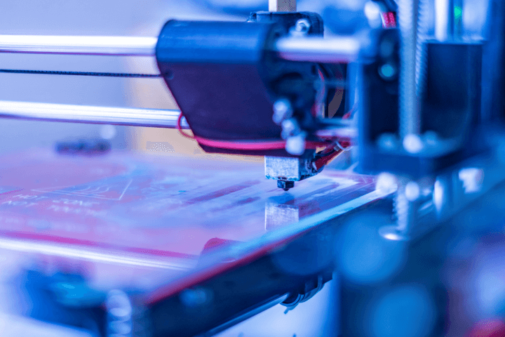 Macro shot of an advanced 3D printer. Detailed view of micro and nano electronics.