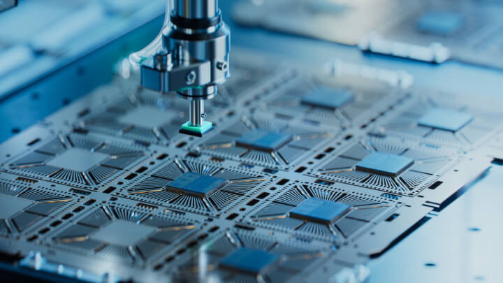 Close-up view of a silicon die being extracted from a semiconductor wafer and attached to a substrate by a pick and place machine during the computer chip manufacturing process at a fabrication facility. This image showcases the intricate semiconductor packaging process.
