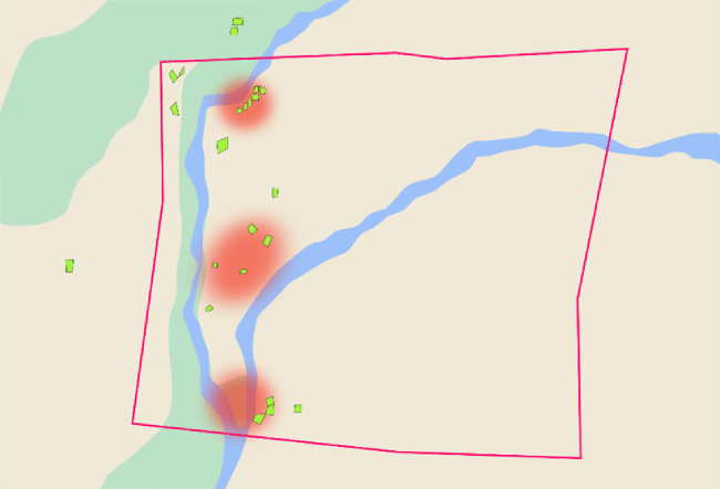 The AI-generated mine burial zone (marked in red circles) was compared with the real burial site (represented by yellow-green dots), with the AI-predicted area (framed in a red square) being identified in advance.