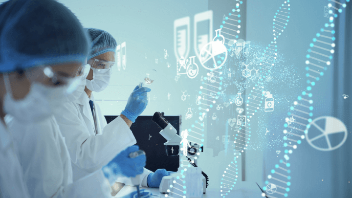 Visual representation of genetic engineering concept in the context of medical science within a scientific laboratory.