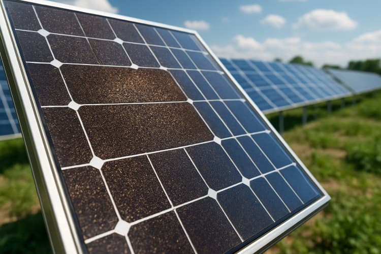 Close-up of a perovskite solar panel with a granular dark surface, mounted in a solar farm under a bright blue sky with scattered clouds and green grass in the background.