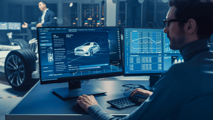 Engineer using 3D CAD software on a computer, testing an electric car chassis prototype with wheels, batteries, and engine in a high-tech development lab.