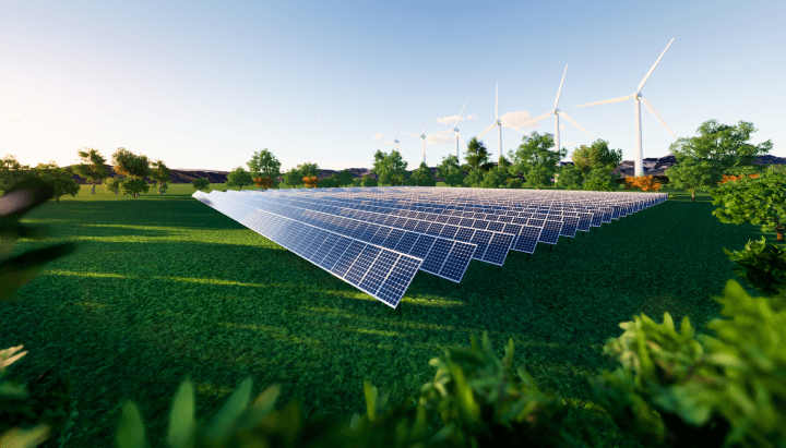 3D rendering of solar panels in a green field, reflecting sunlight, illustrating the conversion of sunlight to electrical energy.