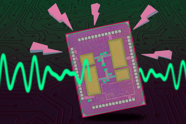 A violet chip set against an ornamental backdrop with a green terahertz wave streaking through it. Pink lightning bolt symbols appear above the activated chip.