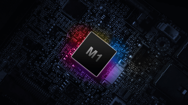The M1 processor chip is a digital computer processor and network motherboard chip, set against a backdrop of advanced technology.