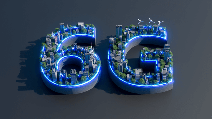 Image depicting 6G next-generation networks and high-speed mobile Internet, presented as a 3D render featuring a commercial building illuminated in blue light.