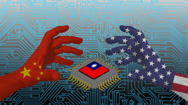 China and the US try to take Taiwan's semiconductors, the real reason for the war. In the background a stylized electric board