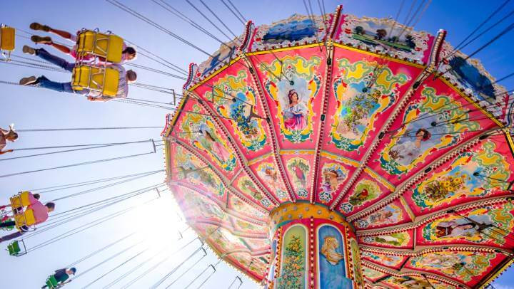 Munich, Germany - October 2: Renowned Chain Carousel and decorations at the Oktoberfest in Munich on October 2, 2023.